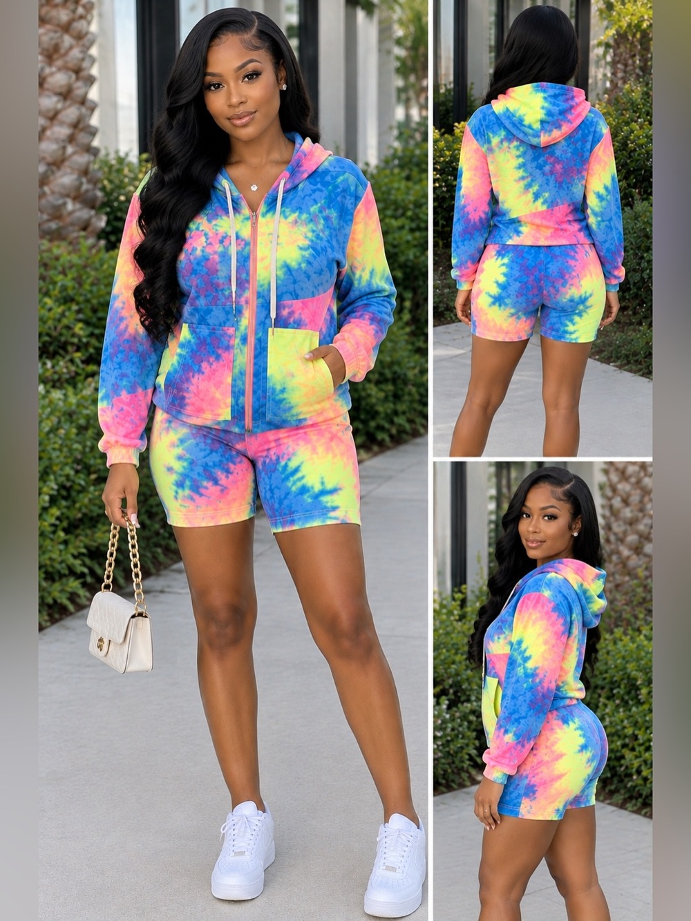 Women’s Tie-Dye Hooded Zip Jacket & Biker Shorts Set - Neon